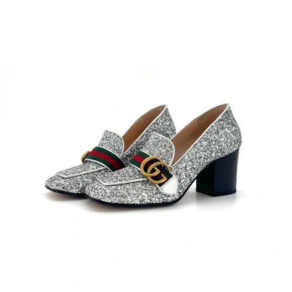 Gucci Web Stripe GG Peyton Silver Glitter Square Toe Platform Heeled Loafers 36 - Picture 1 of 10